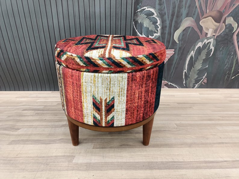 Pouf ottoman, Storage solution,  Vanity table bench, Barrel stool, Round bench, Upholstered bench, Storage bench, Shoe bench, FS 58-2