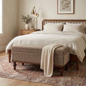 Banc de rangement en velours camel | Coussin d'assise | Pouf chaleureux et intemporel