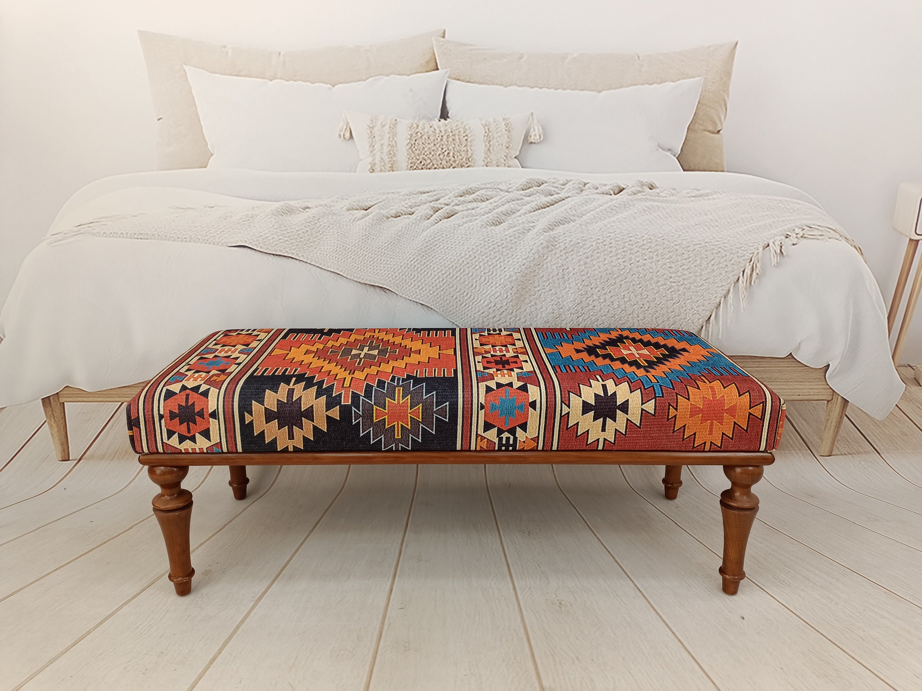 Footstool Bench, Aztec Bench, Farmhouse Decor, Entry Bench, Ottoman Upholstered Bench, Handmade Furniture, Turkish Rug Bench, BENCH 00