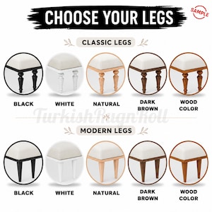 a collection of furniture pieces, including ottomans, with different color options and styles. The furniture pieces are labeled with their color options and styles, such as classic legs, modern legs, black, white, natural, dark brown, and wood color.