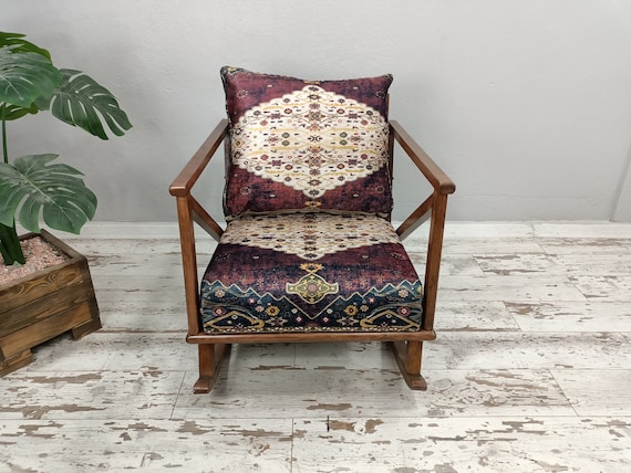 Rocking chair, Kilim pattern chair, Handmade armchair, Wood work chair, One seat chair, Living room chair, Rest chair, Father chair, RC 870