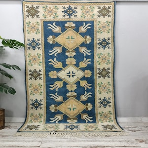 navy blue rug, oriental rug, vintage oushak rug, handknotted rug, turkish area rug, saloon rug, farmhouse rug, wool rug, 5.1x7.7 ft VT 4072 image 1