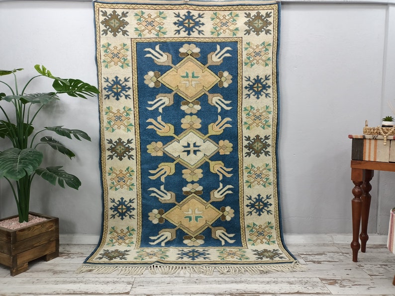 navy blue rug, oriental rug, vintage oushak rug, handknotted rug, turkish area rug, saloon rug, farmhouse rug, wool rug, 5.1x7.7 ft VT 4072 image 1