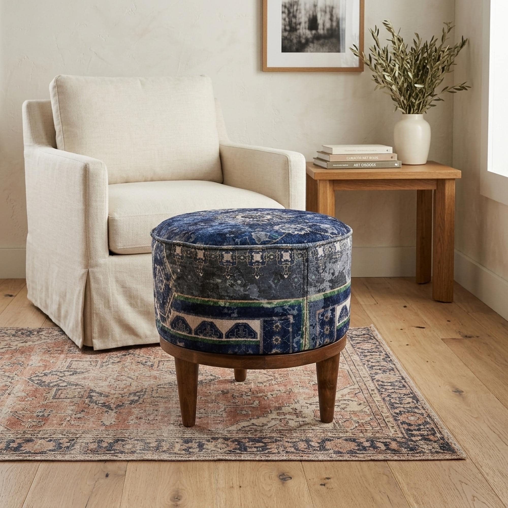 レコード Buy Upholstered Footstool, Vanity Stool, Navy Blue Pouf, Foot Rest