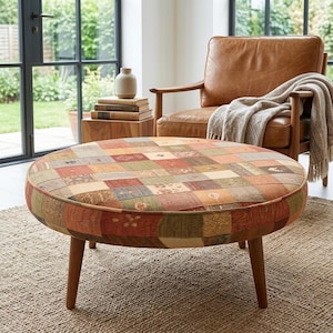 Colorful Patchwork Printed Round Coffee Table Lounge Floor Center Ottoman