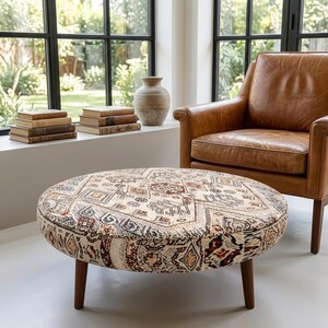 Cream Grey Geometric Boho Printed Round Coffee Table Sunroom Seating