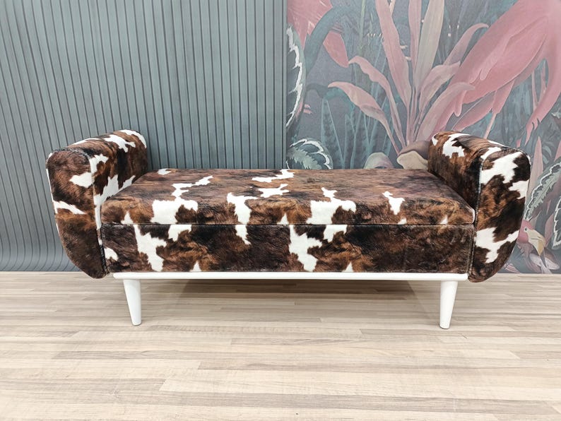 Cowhide pattern bench, Space saving bench, Fainting bench, Bench with arms, Ottoman storage, Furry bench, End of bed bench, ST COW-2