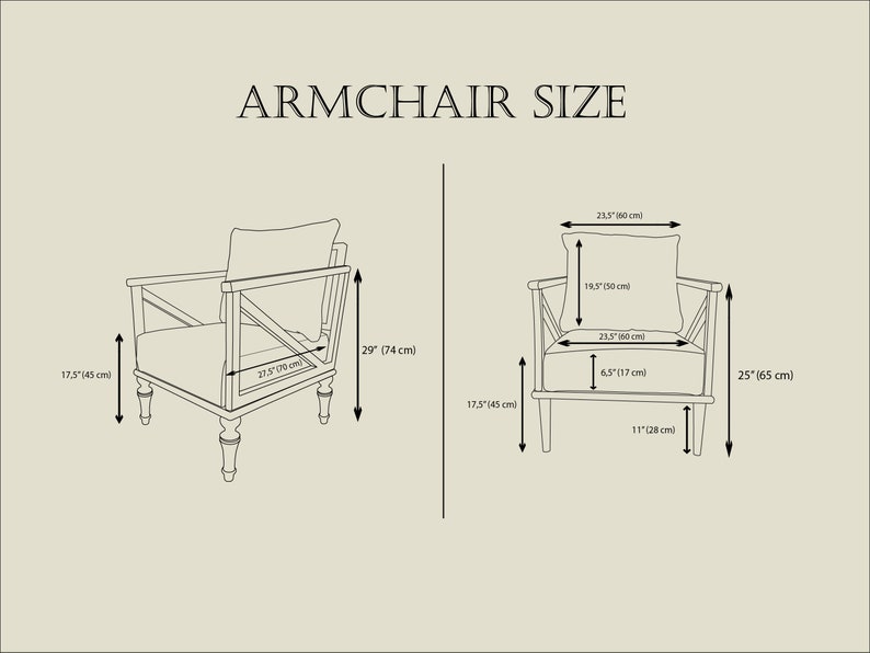K&ouml;nnte beinhalten: Diagramm mit den Abmessungen eines Sessels, mit Ma&szlig;en in Zoll und Zentimetern. Der Text "ARMCHAIR SIZE" steht oben. Die Ma&szlig;e umfassen H&ouml;he, Breite und Tiefe, wobei die Gesamth&ouml;he des Stuhls 74 cm (29 Zoll) betr&auml;gt.