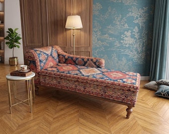 Sofá cama chaise longue con motivos orientales / Sofá clásico naranja y azul, SOFA 63