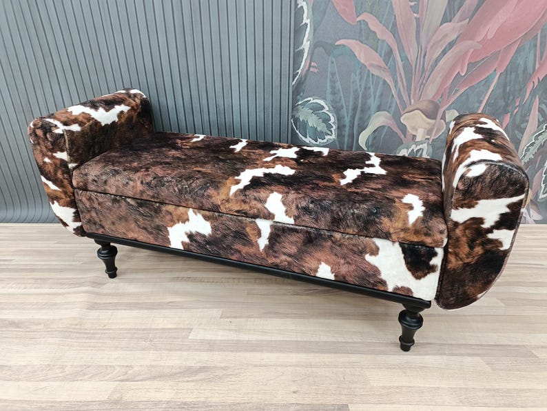 Cowhide pattern bench, Space saving bench, Fainting bench, Bench with arms, Ottoman storage, Furry bench, End of bed bench, ST COW-2