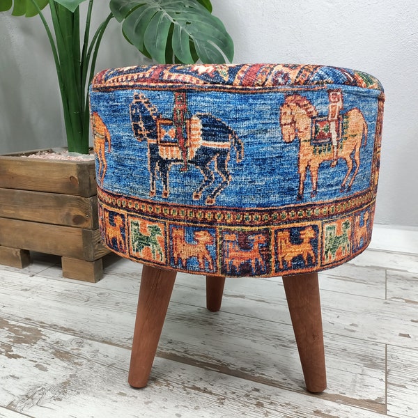 Pouf for bedroom, Turkish footstool, Upholstered bench, Make up stool, Piano bench, Farmhouse bench, Ottoman bench, Horse pattern, FS 154