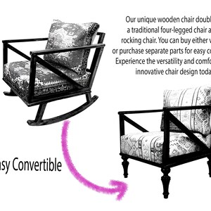 a unique wooden chair that doubles as a rocking chair, allowing for easy conversion. The chair has a four-legged design and a rocking mechanism, making it a versatile and comfortable option for various settings.