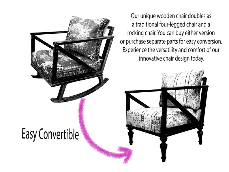a unique wooden chair that doubles as a rocking chair, allowing for easy conversion. The chair has a four-legged design and a rocking mechanism, making it a versatile and comfortable option for various settings.