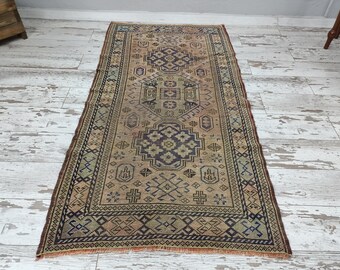 handmade rug, aztec rug, ikat rug, turkish rug, traditional rug, natural mat, frramed rug, vintage rug, runner carpet, 3.3 x 6.2 ft VT 3809