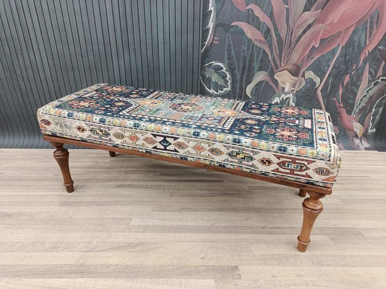 bedroom ottoman bench, wood bench, boho chair, dining table bench, ottoman bench seat, turkish rug bench, long ottoman bench, BENCH 160