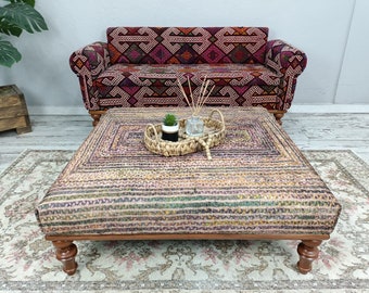 handmade ottoman bench, living room bench, wood work bench, sitting bench, upholstered bench, coffee table, dining table bench, boho bench