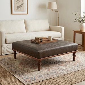 Ottoman table, Leather coffee table, Low table, Wood work table, Primitive table, Cocktail table, Floor table, Accent table, 36x36 KM-24