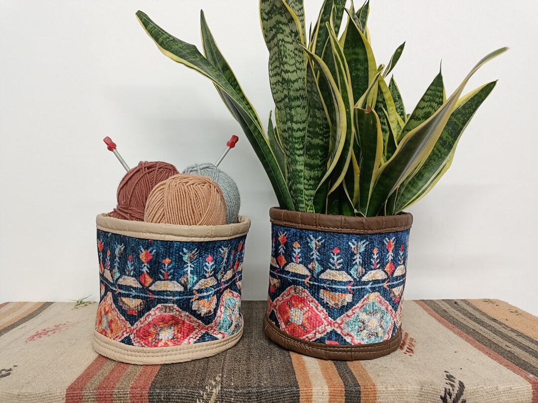 Blue Planter Cover, Hanging Storage Box, Plant Pot Holder, Ikat Basket