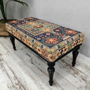 bedroom ottoman bench, wood bench, boho chair, dining table bench, ottoman bench seat, turkish rug bench, long ottoman bench, BENCH 160 image 10