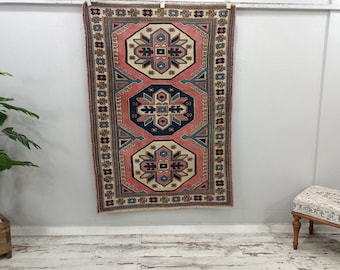 traditionell matta, rosa blå matta, etnisk matta, vintagematta, handknuten matta, öppen spismatta, turkisk matta, inramad matta, 1,2x1,5 m, VT 5419