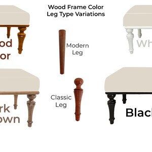 May include: A visual guide showing different wood frame colors and leg styles for a bench. The options include wood color: dark brown, white, and leg styles: classic and modern.