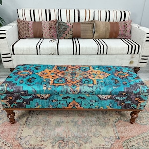 Entryway Bench, Blue Ottoman, Shoe Storage Chest, Upholstered Coffee Table, Clothes Storage, Soft Top Footstool, Bohemian Bench, ST- 156