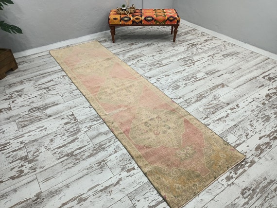pink green rug, antique rug, turkish rug, runner rug, vintage rug, hallway rug, gothic rug, entryway rug, boho rug, 2.8 x 10.2 feet, VT 1570