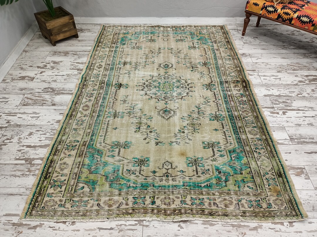 Green Brown Rug, Natural Fiber Rug, Turkish Rug, Vintage Oushak Rug