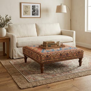 Blauwe salontafel, handgemaakte poef, voetenbank bank, woonkamerbank, bohotafel, houtwerkbank, woondecoratiebank, 36 x 36''
