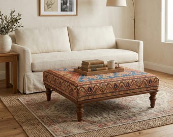 Blue Coffee Table, Handmade Ottoman, Footstool Bench, Living Room Bench, Bohemian Table, Wood Work Bench, Home Decor Bench, 36x36''