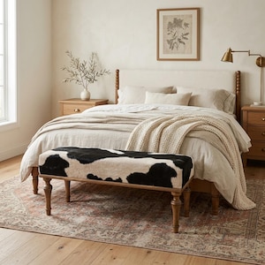 Cowhide Ottoman Bench Seat | Black White Wooden Rustic Footrest, BENCH BLACK COW