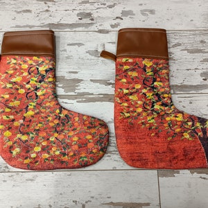 xmas tree stocking, fire place stockings, faux leather socks, new years stocking, tree pattern sock, eco friendly, christmas stocking, PS 77