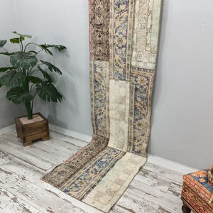 hallway runner, shabby chic rug, vintage oushak rug, patchwork rug, gothic rug, low pile runner, turkish runner rug, 2.7 x 9.5 ft VT 3888 image 8
