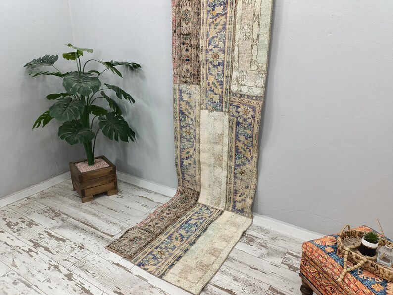 hallway runner, shabby chic rug, vintage oushak rug, patchwork rug, gothic rug, low pile runner, turkish runner rug, 2.7 x 9.5 ft VT 3888 image 8