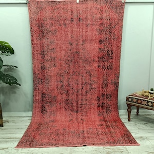 indoor rugs, red wool rug, vintage decor rug, bedroom rugs, hand made rug, over dyed rug, kitchen rugs, boho rugs, 5.2X9.1 feet, VT 1391