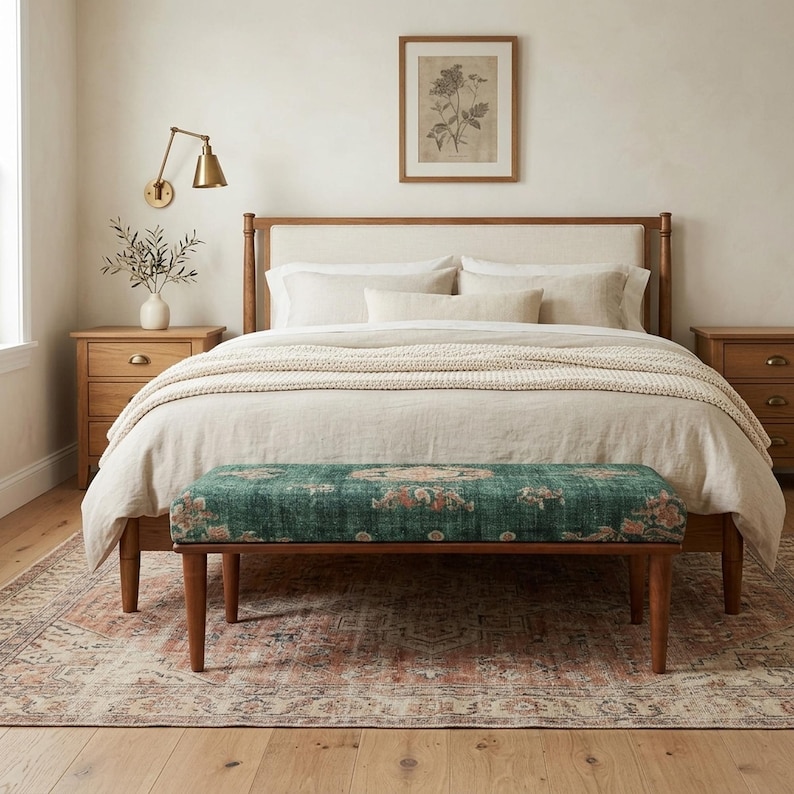 a cozy and inviting bedroom with a large bed, wooden nightstands, and a green bench. The bed is covered in white linens and has a wooden headboard. Above the bed, there is a framed picture on the wall. The room has a warm and rustic atmosphere, with a wooden floor and a patterned rug on the floor.