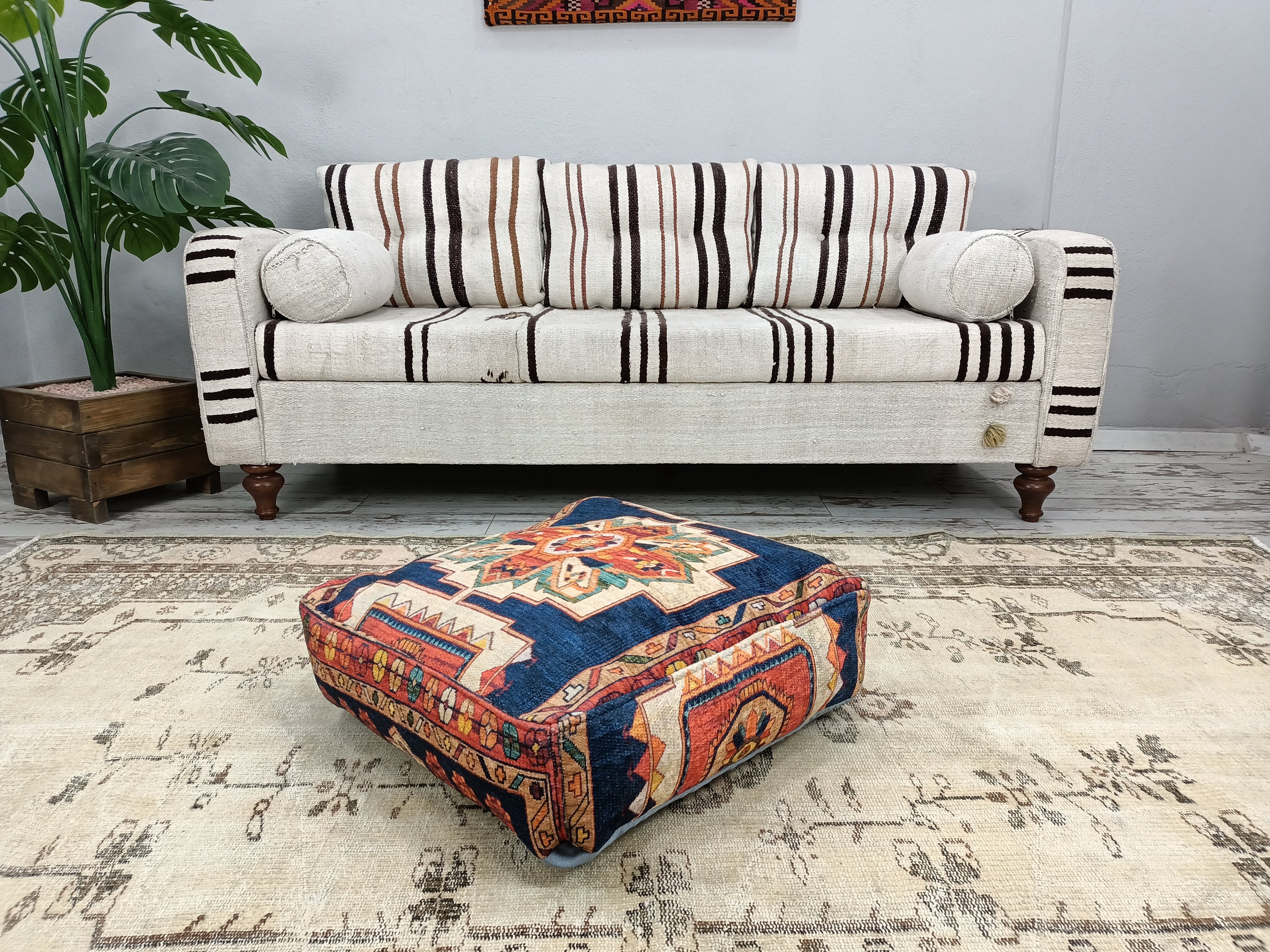 Large Persian Balouch and Leather Floor Cushion - Lawton Mull