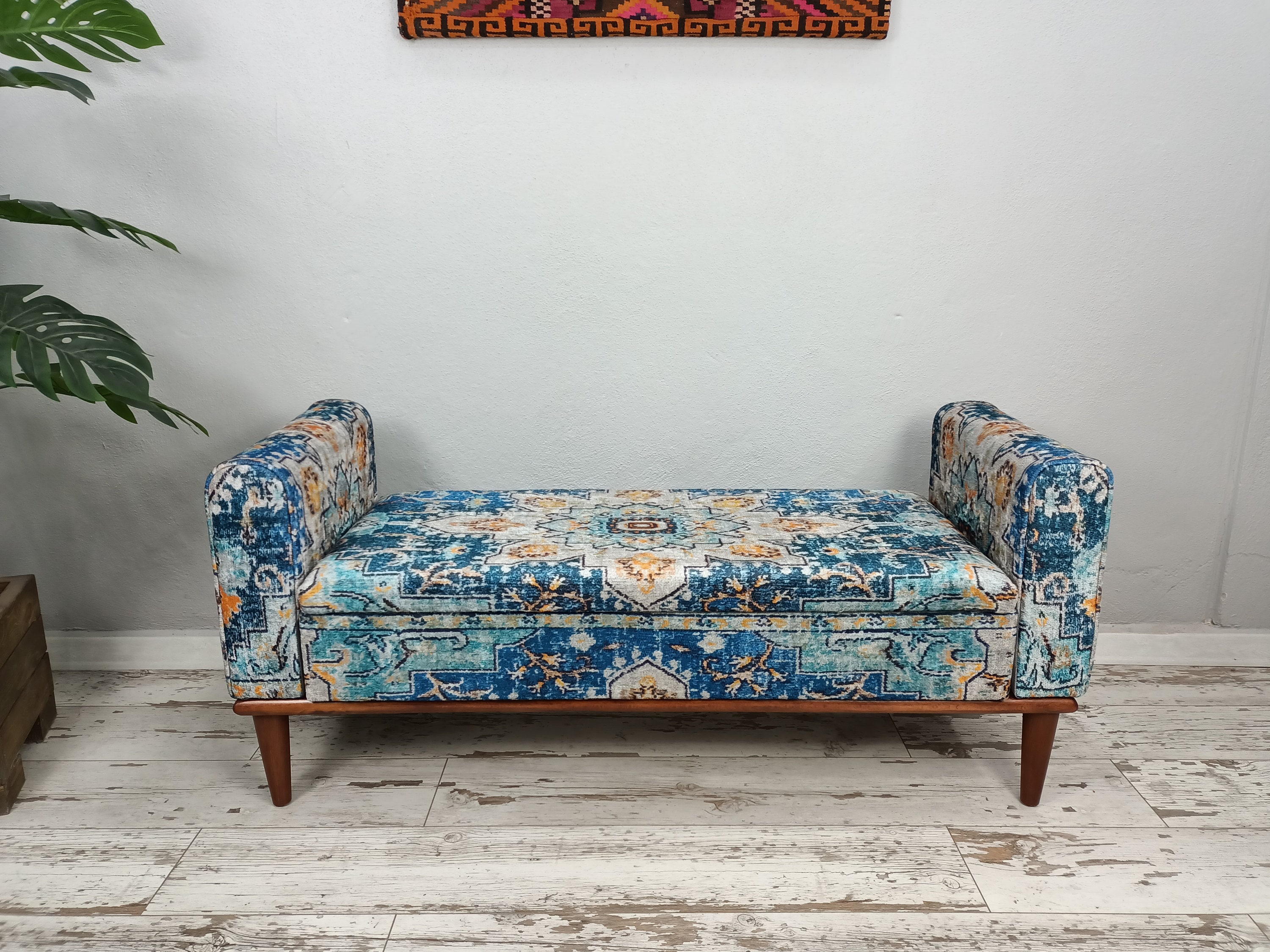 Armed Storage Bench, Hotel Bench, King Size Bench, Handmade Furniture, Saloon Couch, Blue Ottoman, Chesterfield, Boho Bench, ST 18x51 869