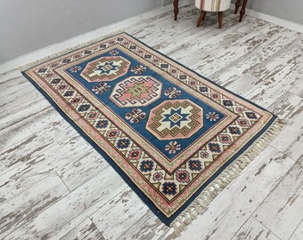 ピンクブルーラグ、ヴィンテージラグ、手織りラグ、玄関ラグ、キャビン