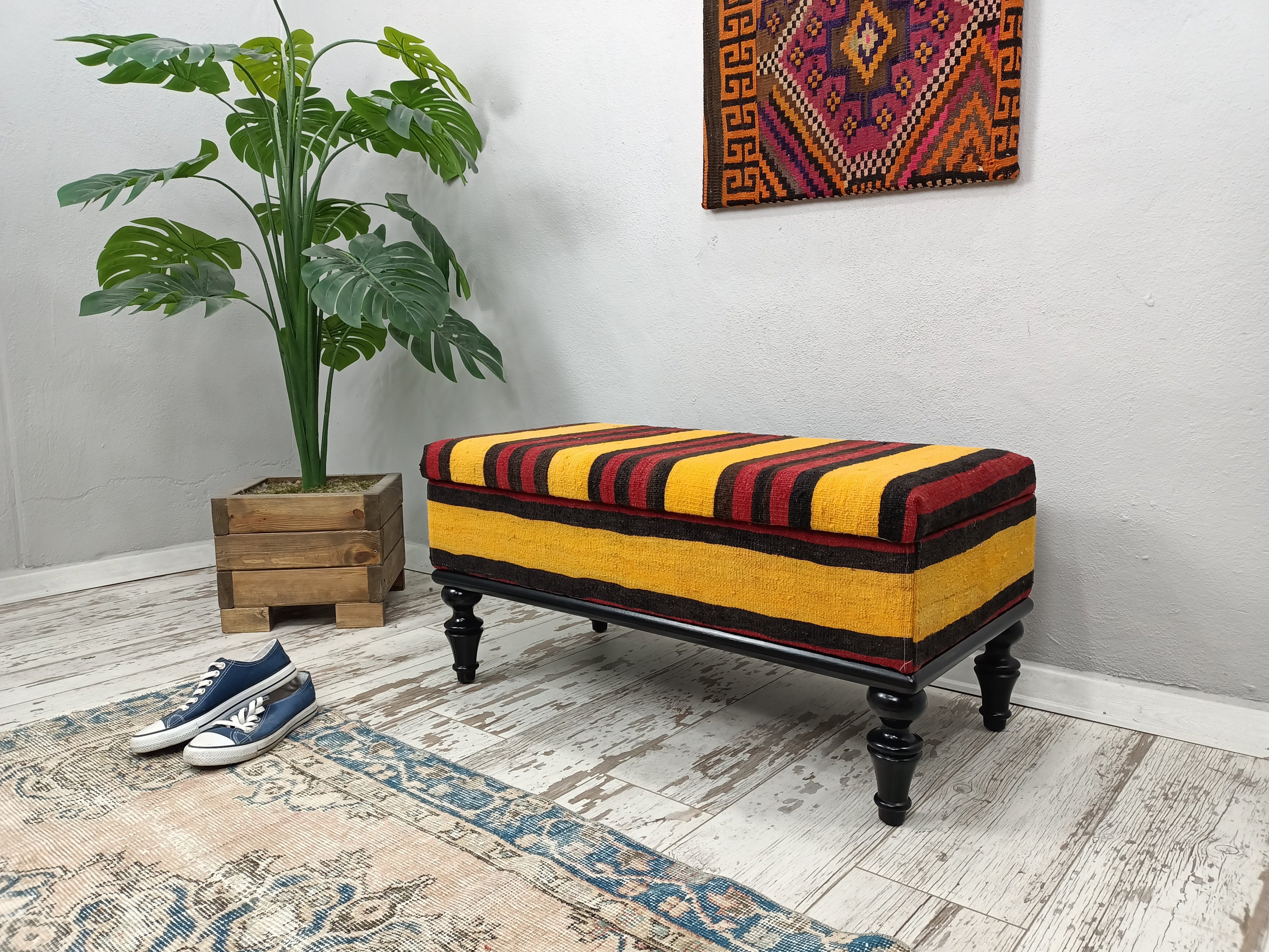 Kilim Storage Bench Wooden Shoe Bench Upholstered Bench