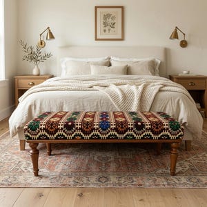 Kilim Upholstered Bench, Handmade Furniture, Footstool Ottoman, Turkish Rug Bench, Bedroom Seat, Entry Seat, Kitchen Decor Bench, 18x18x48''