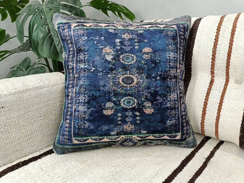 bohemian cushion, navy blue pillow, modern pillow cover, rug design pillow, cushion pillow, couch pillow, turkish pillow cover, PT 868 image 1