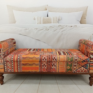 Storage Bench with Arms, Bedroom Bench, Upholstered Ottoman, Day Bed, Bohemian Bench, Dining Bench, Orange Couch, Ethnic Bench, ST 18x51 833