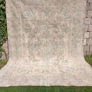 handmade turkish rug, netural rug, oversize area rug, bordered rug, dining rug, vintage rug, muted rug, oushak rug, 9.6 x 13 ft VT 4622