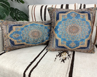 designer pillows, ottoman pillows, navy blue pillow, turkish rug pillow, eco friendly pillow, throw pillow cover, lumbar pillow, PT 867