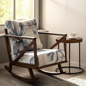Flower pattern rocking chair, Patio armchair, Garden furniture, Boho furniture, Wood work chair, Upholstered chair, Paded chair, RC 1014