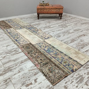 hallway runner, shabby chic rug, vintage oushak rug, patchwork rug, gothic rug, low pile runner, turkish runner rug, 2.7 x 9.5 ft VT 3888 image 3