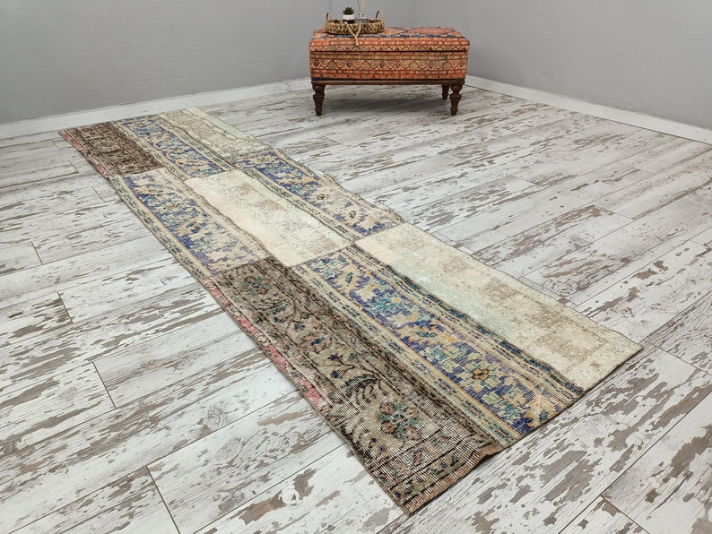 hallway runner, shabby chic rug, vintage oushak rug, patchwork rug, gothic rug, low pile runner, turkish runner rug, 2.7 x 9.5 ft VT 3888 image 3