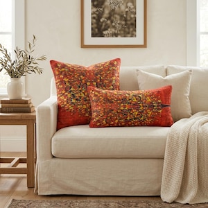 Orange Autumn Tree Pillow Cover | Red Botanical Sofa Cushion | Lumbar Bedroom Accent