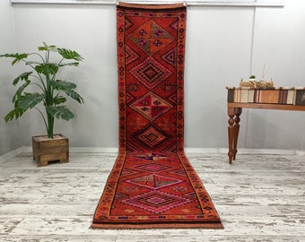 tribal rug, long size rug, stair treads mat, turkish wool rug, primitive rug, vintage rug, herki runner rug, entry rug, 3.1x12.6 ft, VT 4538